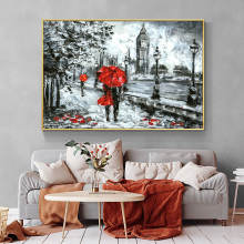 100% Hand Painted Oil Painting On Canvas Abstract People In the Rain With Red Umbrella Wedding Decoration For Living Room