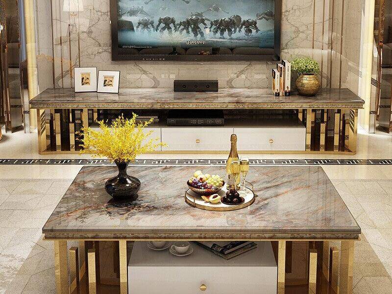 Modern marble TV cabinet and tea table combination post-modern stainless steel low cabinet floor cabinet audio-visual cabinet
