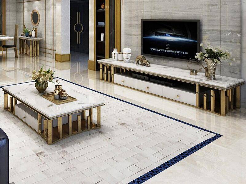 Modern marble coffee table TV cabinet combination post-modern room stainless steel rectangular tea table bench