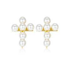 925 Sterling Silver Shell Pearl Cross Stud Earrings Simple Korean Fashion Jewelry Small Pearls Earring Women Girls Party Gift
