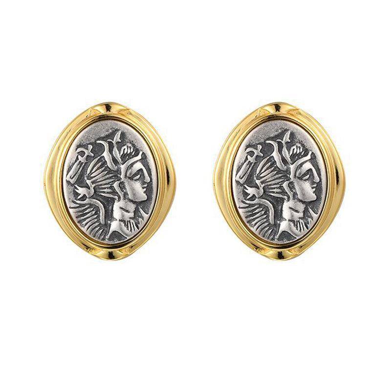 Vintage Goddess 925 Sterling Silver Irregular Oval Double-sided Antique Coin Stud Earrings